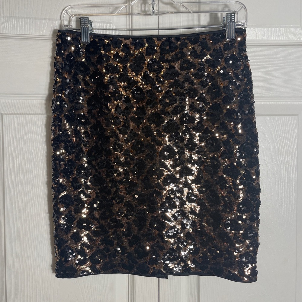 Vintage Cache Sequin Mini Skirt Women 2 Black Gold Leopard Print Y2K Party Retro